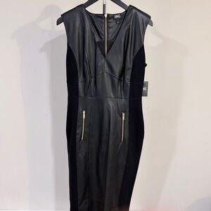 NWT INC Sleek Edgy Faux Leather Bodycon V Neck Dress Gold Zippers Classy Size 8